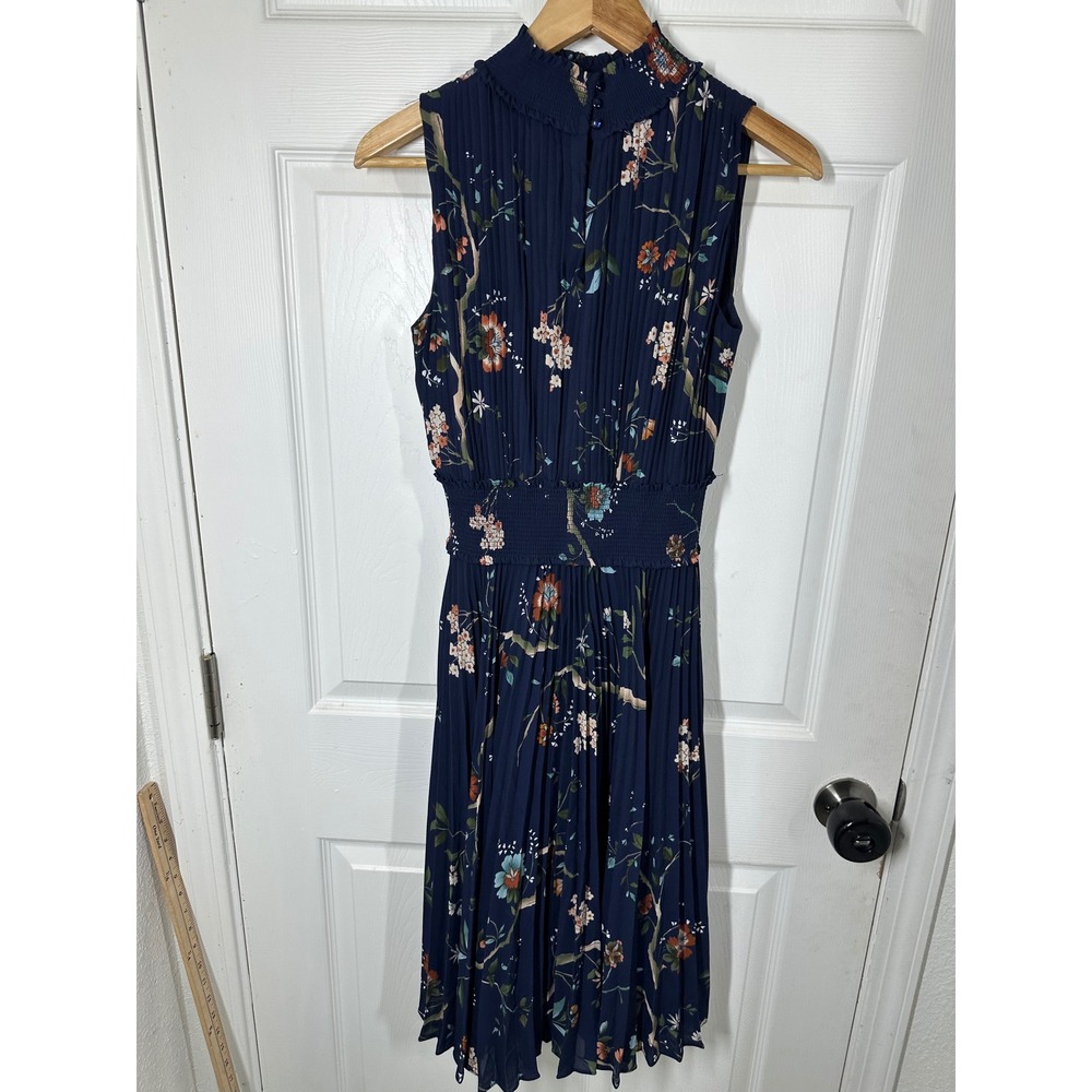 Nanette‎ Lepore Dress Womens 6 Blue Floral Pleated Smocked Waist Mock Neck Midi